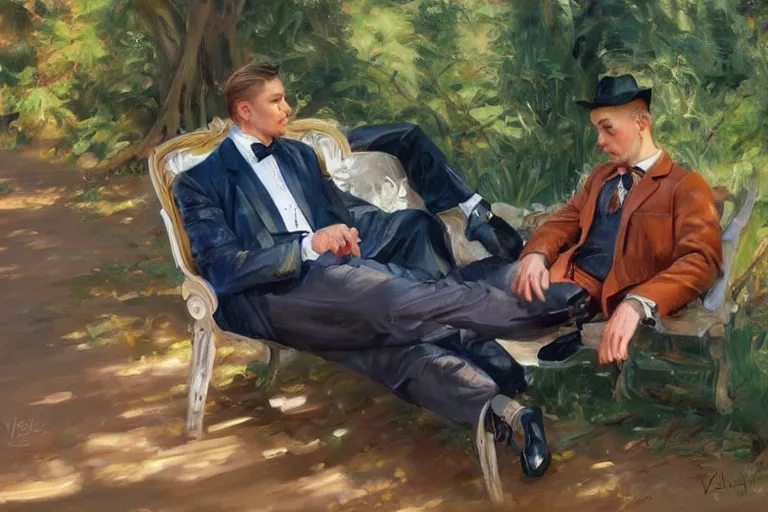 Image similar to 2 attractive men sitting on a coach in forest, painting by vladimir volegov, j. c. leyendecker, tom of finland, trending on artstation