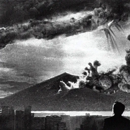 Image similar to a filmstill of Kim Jong-il, monster destroying Pyongyang, in Godzilla (1954) by Ishirō Honda, epic ultrawide shot, cinémascope