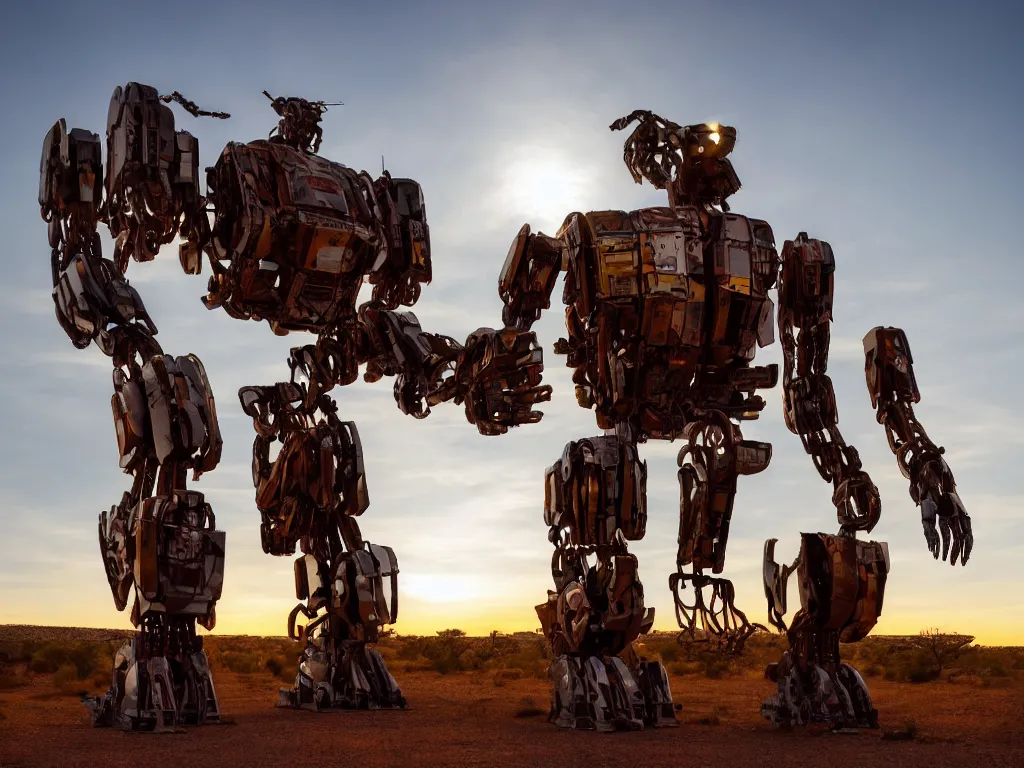 Prompt: in the American southwest at sunset, professional publicity photo of a futuristic giant humanoid mech robot with greebles, chipped paint weathered with rust