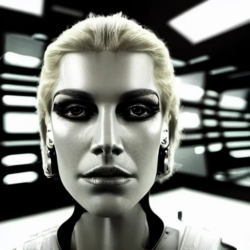 Image similar to wide angle shot of a very pretty blond borg queen on a borg ship, cybernetic implants, perfect face, symmetrical face, moody lighting, shallow depth of field, 8 k, ultra realistic,