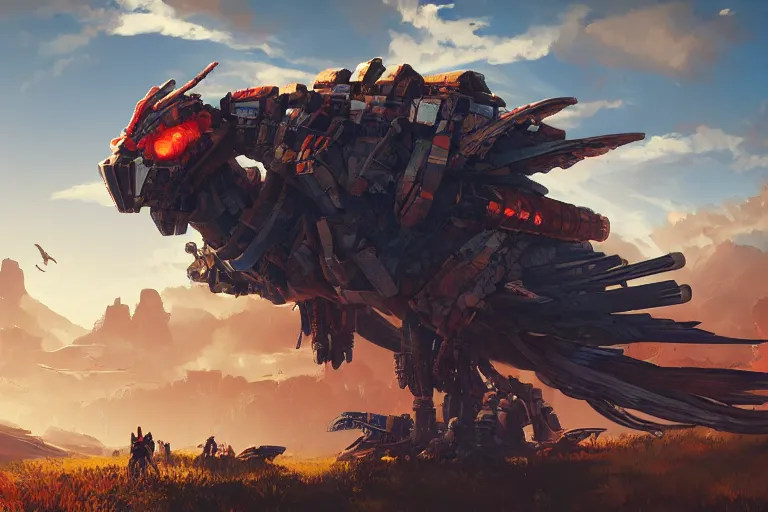 Image similar to stormbird machine mecanical creature robot of horizon forbidden west horizon zero dawn radiating a glowing aura global illumination ray tracing hdr fanart arstation by ian pesty and alena aenami artworks in 4 k