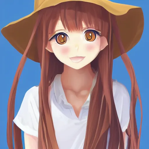 Image similar to portrait of cute anime girl with long brown hair with a frog bucket hat, digital art