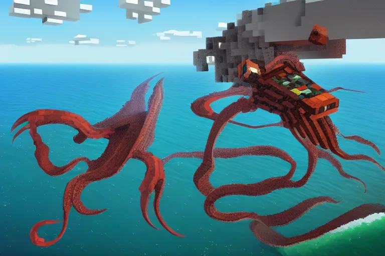 Image similar to giant flying squids in Minecraft, digital art, artstation, highly detailed, 4k