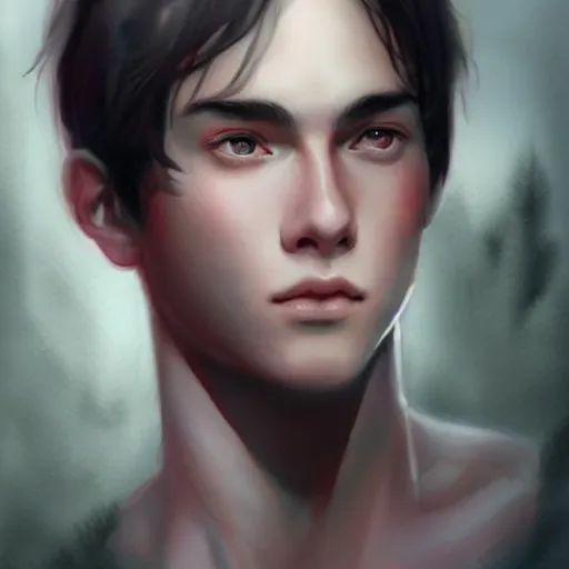 Prompt: young boy, black hair, serious eyes, pink eyes, gorgeous, amazing, delicate, elegant, intricate, highly detailed, watercolor, portrait, artstation, concept art, sharp focus, illustration, art by charlie bowater and Ross tran