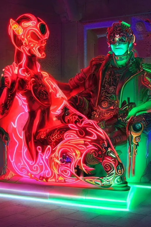 Image similar to fantasy medeival and cyberpunk style red neon statue of a muscular attractive tan male macho dotado android reclining sim roupa con piroca dura, glowing pink face, white baseball cap, green steampunk lasers, emeralds, swirling white silk fabric. futuristic elements. prismatic liquid rainbow light, full-length view. space robots. human skulls. dragon. throne made of swords, intricate artwork by caravaggio. Trending on artstation, octane render, cinematic lighting from the right, hyper realism, octane render, 8k, depth of field, 3D