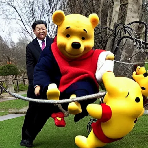 Image similar to xi jinping pushing winnie the pooh sitting on a swing