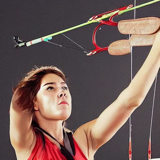 Prompt: realistic, attractive sports woman in archery, pointing his bow, highly detailed