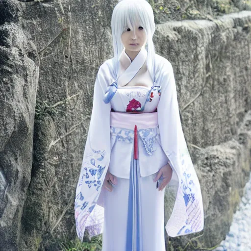 Prompt: full body shot of a japanese princess young lady, beauty, with a long white, white hair, ganyu cosplay, artwork by Akihiko Yoshida