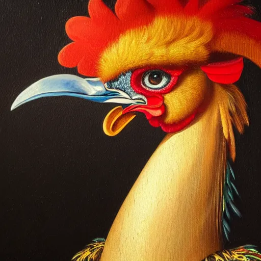 Prompt: an oil painting portrait of a punk rock rooster wearing gold necklace, intricate. detailed, by raphael, da vinci, hyper realism, 4k.