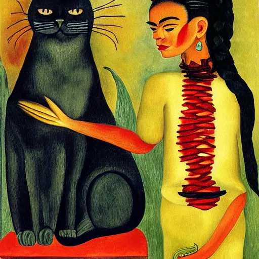 Prompt: a woman and a cat by a fire by frida kahlo