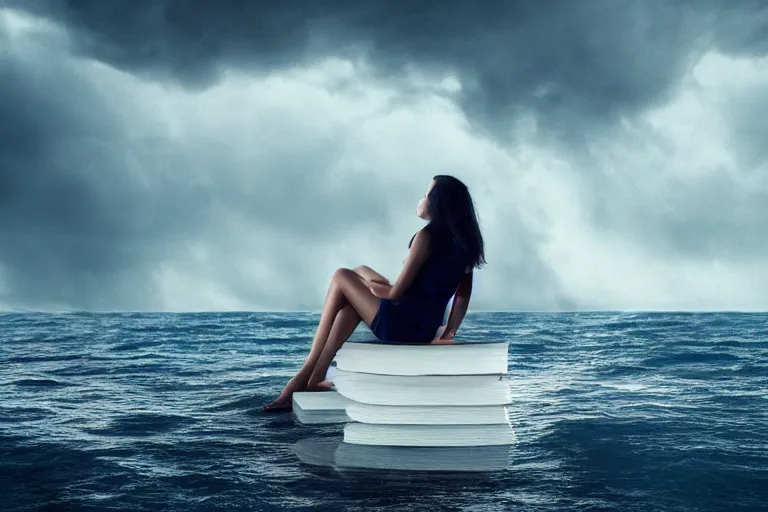 Prompt: A beautiful woman sitting on a giant open book in the middle of the ocean during a storm, dramatic lighting, cinematic, 8k HDR, highly detailed, high quality, octane render, unreal engine 5, path tracing, turbulent sea, concept art, trending on Artstation, dramatic scene