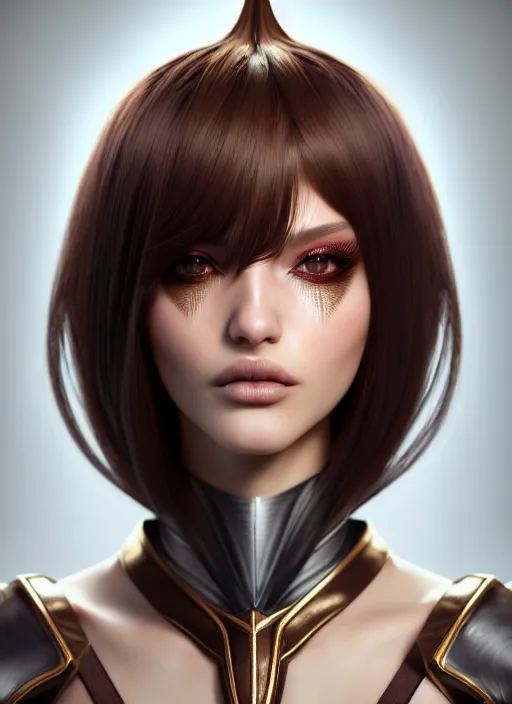 Image similar to portrait of dragoon model, sharp focus, octane render, ( ( brown skin ) ), ffxi, rpg, beautiful, unreal engine, symmetrical!!, maybelline, sephora, loreal, artstation, art by artgerm, rossdraws, art by karol bak, makeup, ambient occlusion, cinematic, concept art, vsco