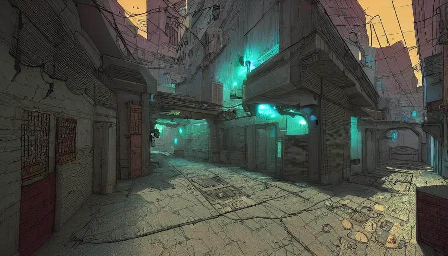 Image similar to an alley of dust 2 map from counter strike global offensive by moebius and kilian eng, atmospheric, fine details, vivid, neon, masterpiece