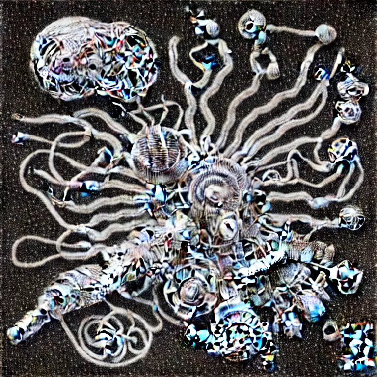 Image similar to a black and white drawing of a variety of sea life and filled with gundam mech equipment space station, a microscopic photo by ernst haeckel, zbrush central, kinetic pointillism, bioluminescence, biomechanical, intricate patterns, photoillustration