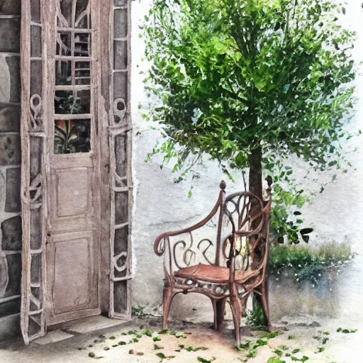 Image similar to delicate, mage enchanting chair, garden, paved, botanic watercolors, iridescent, 8 k, realistic shaded, fine details, artstation, italian, iron gate, tree, mediterranean