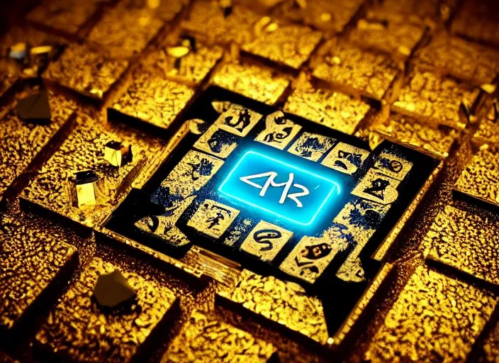 Image similar to flat square magic golden computer chip with runes and a glowing blue crystal in the center, mana flowing around it, flat and dark background, product photo, macro, dynamic composition, hyperrealism, octane render, trending on artstation, unreal engine 5, 4 k, 8 k