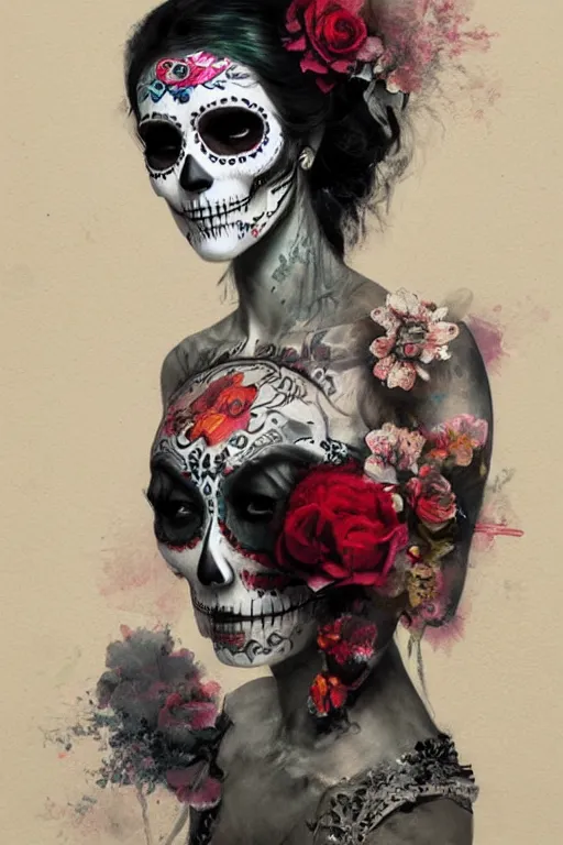 Image similar to Illustration of a sugar skull day of the dead girl, art by ruan jia