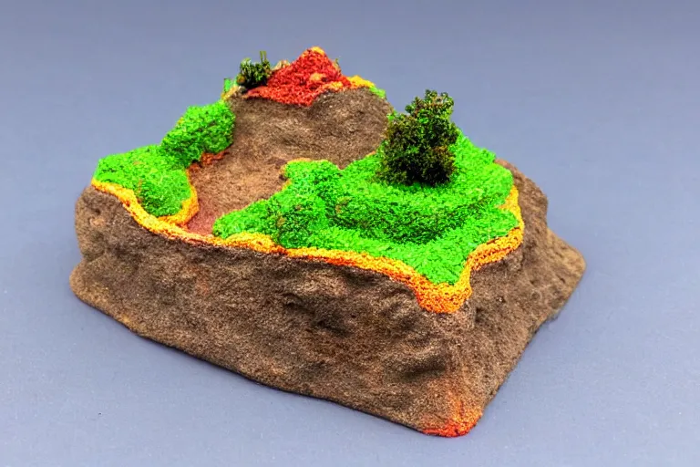 Image similar to miniature volcanic island made of candy, diorama picture, 5 5 mm, candy - island