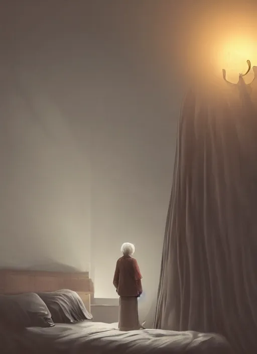 Prompt: an old woman standing over my bed at night, photorealistic horror, ultra realistic, dark gloomy, by jessica rossier, 4 k resolution
