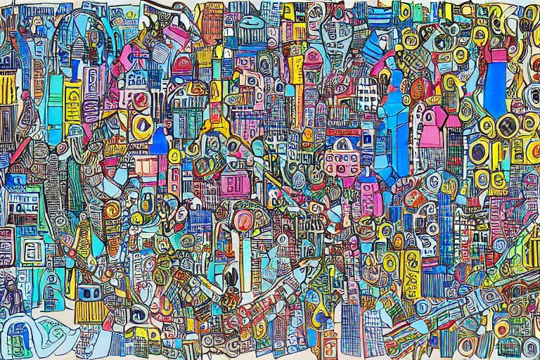 Image similar to an elaborate penned child illustration of a colorful intricate connected city of tubes and pipes, by martin handford and by jan van haasteren