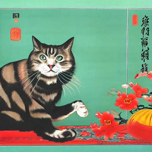 Prompt: chinese propaganda poster with a cat as the centerpiece