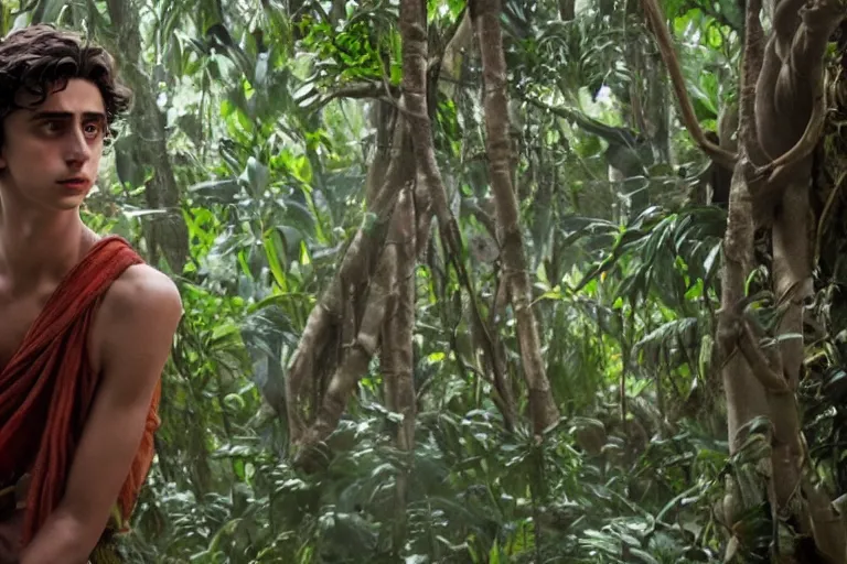 Image similar to timothee chalamet plays mowgli in the live action adaptation of the jungle book, red weapon 8 k s 3 5, cooke anamorphic / i lenses, highly detailed, cinematic lighting