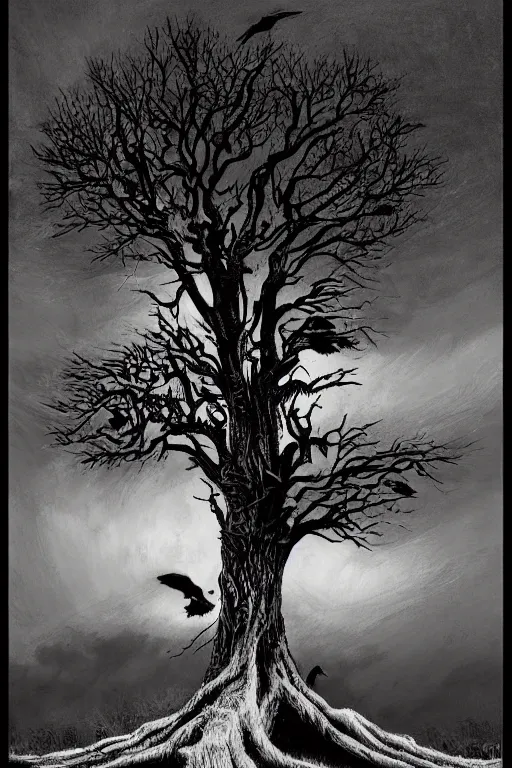 Image similar to in the black storm, crows on a gnarled tree, on a darkling plain, drawn by christan delort and jean gireaud, graphic black and white, low camera, wide angle, centered composition, golden ratio