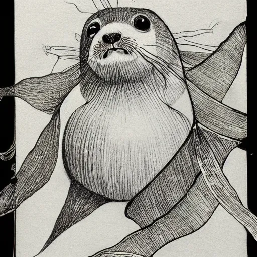 Image similar to botanical drawing of a baby harp seal tangled in kelp