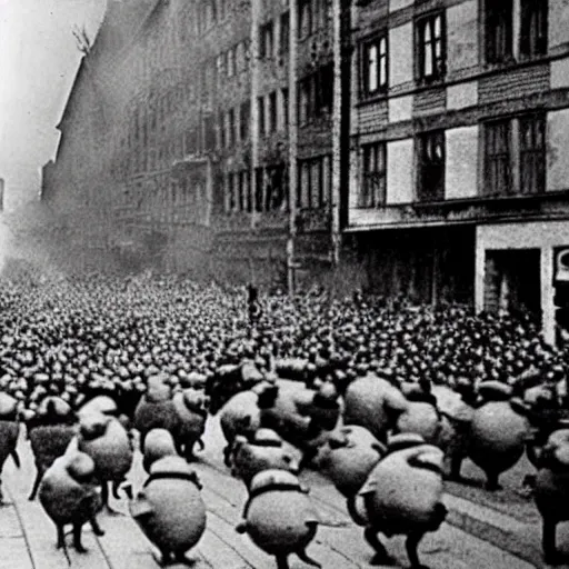 Image similar to Historical footage of a riot caused by Minions, Nuremberg 1930s, grainy, detailed