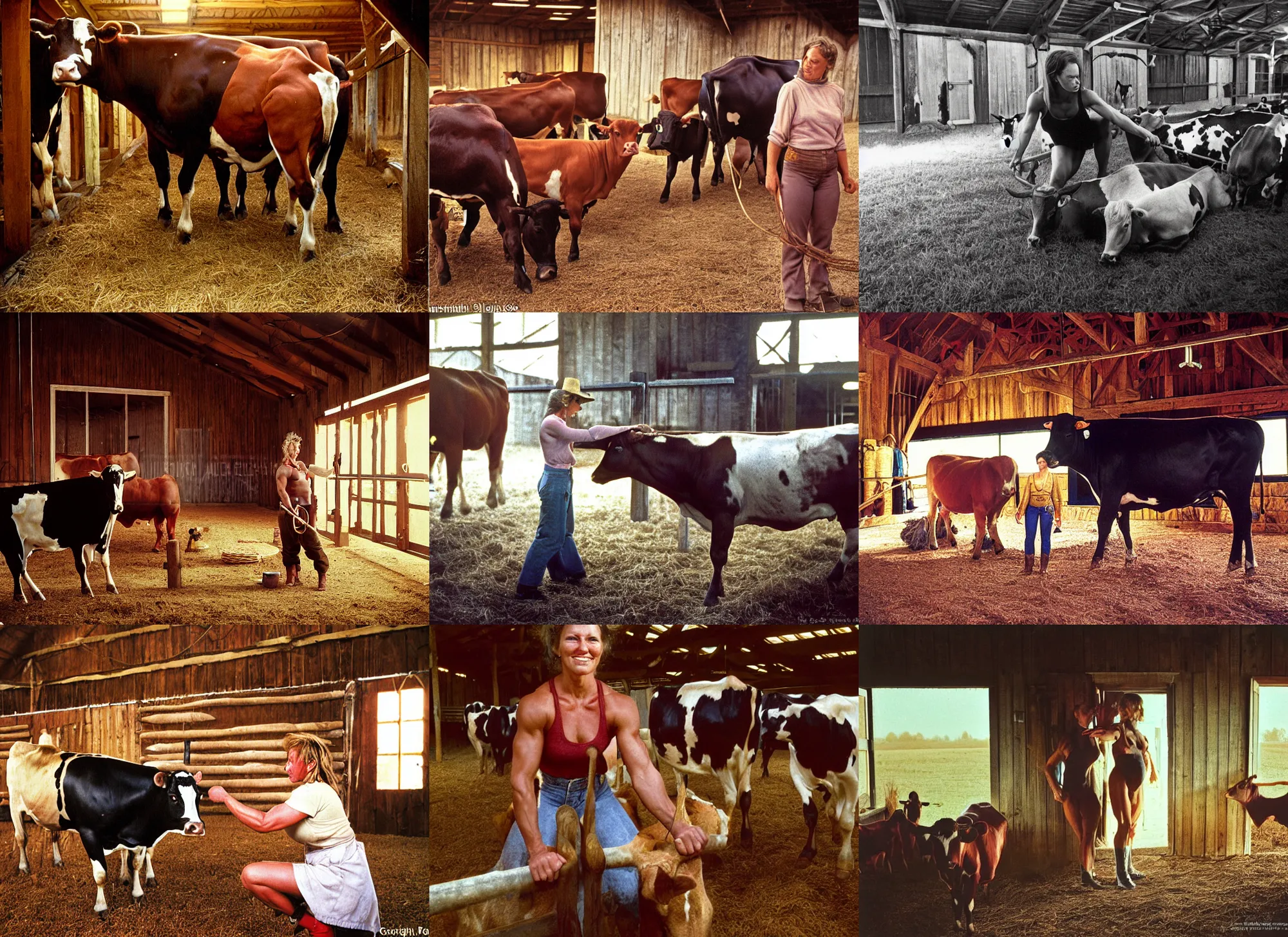 Prompt: color photograph portrait of a muscular woman tending cows in a barn. night, summer, warm lighting, 1 9 9 0 photographs from life magazine.