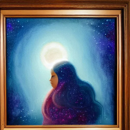 Prompt: a pastel painting of a brooding galactic queen staring at the galaxy outside her giant window