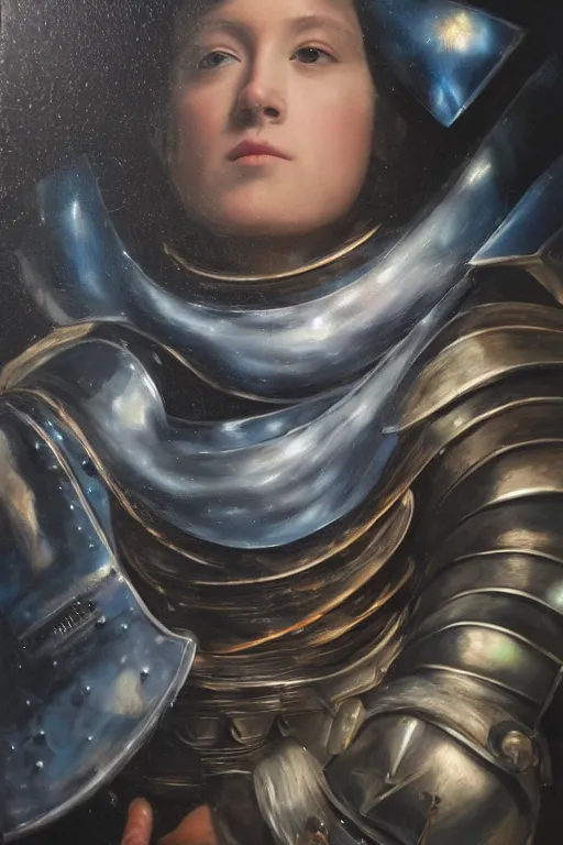 Image similar to hyperrealism oil painting, close - up portrait of caucasian medieval fashion model, knight, steel gradient mixed with nebula sky, in style of baroque mixed with 7 0 s japan book art