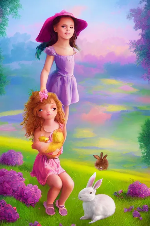 Image similar to matte sharp painting cute little girl and rabbit landscape painted by mark rydel artstation behance storybook lisa frank