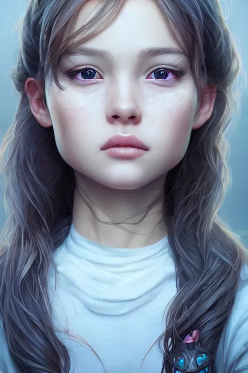 Image similar to very cute girl portrait, highly detailed eyes, intricate details, by artgerm, tooth wu, dan mumford, beeple, wlop, unreal engine 5 rendering