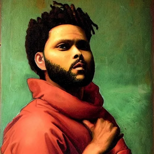 Image similar to a renaissance style portrait painting of the weeknd