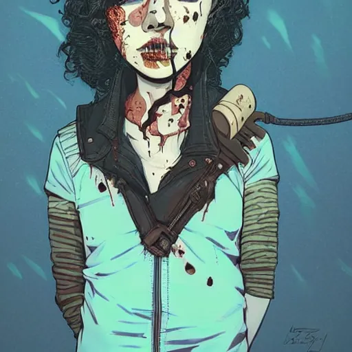 Image similar to Highly detailed portrait of a punk zombie young lady with freckles and brown curly hair hair by Atey Ghailan, by Loish, by Bryan Lee O'Malley, by Cliff Chiang, was inspired by image comics, inspired by scott pilgrim, inspired by graphic novel cover art !!!electric blue, brown, black, yellow and white color scheme ((grafitti tag brick wall background))