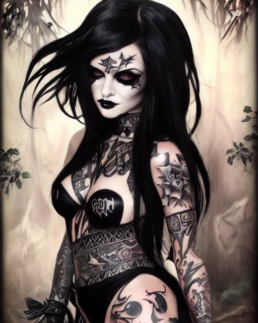 Prompt: portrait of beautiful fully tattooed goth girl cosplay with black hair, black makeup, bikini armor, art by stanley lau and artgem and wlop and magali villeneuve