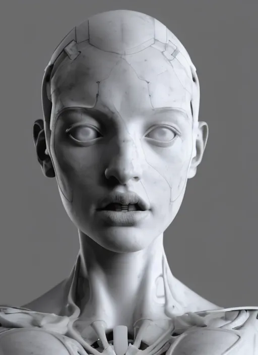 Prompt: a bloody statue made of white marble, of an gorgeous futuristic cybernetic angel girl, prostheses, transhumanism, full body shot, perfect symmetrical body, perfect symmetrical face, hyper realistic, hyper detailed, by johannen voss, by michelangelo, octane render, blender, 8 k