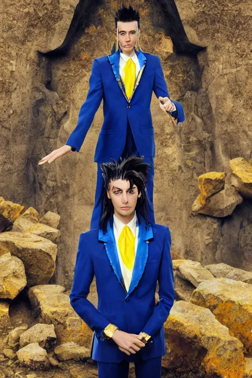 Image similar to portrait of a beautiful androgynous actress with long messy spiked red hair, golden eyes, dark skin, and tufted elf ears and dressed in a blue men's suit with a yellow tie, standing on a stone bridge with a fantasy metropolis of tall stone towers in the background