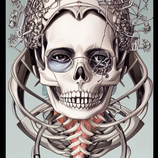 Prompt: anime manga skull portrait young woman pilot skeleton, intricate, elegant, highly detailed, digital art, ffffound, art by JC Leyendecker and sachin teng