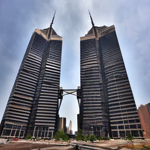 Image similar to the twin towers transformed into giant robots