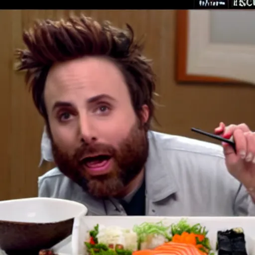 Image similar to Charlie Day eating sushi out of a white toilet bowl, realistic