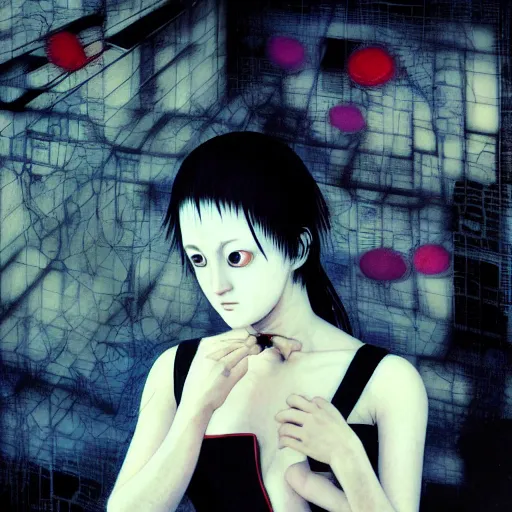 Image similar to yoshitaka amano blurred and dreamy three quarter angle portrait of a young woman with white hair and black eyes wearing dress suit with tie, playstation 2 horror game, junji ito abstract patterns in the background, satoshi kon anime, chungking express color palette, noisy film grain effect, highly detailed, renaissance oil painting, weird portrait angle, blurred lost edges