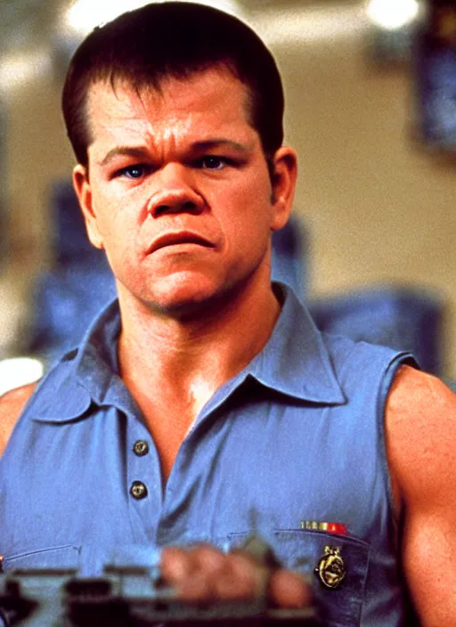 Image similar to matt damon in team america world police, film still, cinematic action,