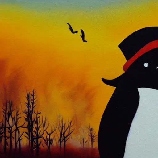 Prompt: penguin with a hat is looking at a burning forest which is sadly beautiful, dystopian oil painting