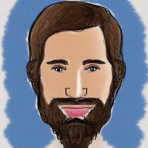 Image similar to sketch of a caucasian face, medium long brown hair, bad skin, short beard, skinny, blue eyes, smiling,