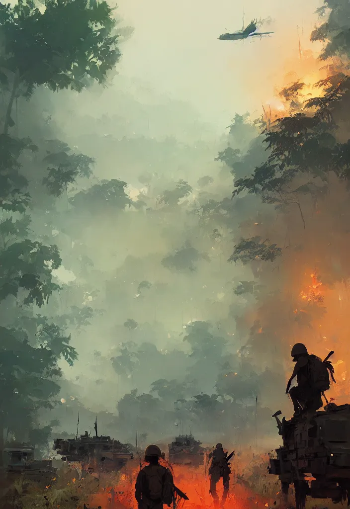 Image similar to ismail inceoglu painting of vietnam war scenary, year 1 9 7 0, jungle, fire smoke and explosions, painting, line art, art concept for a book cover, trending on artstation, by greg manchess and by craig mullins and by kilian eng and by jake parker