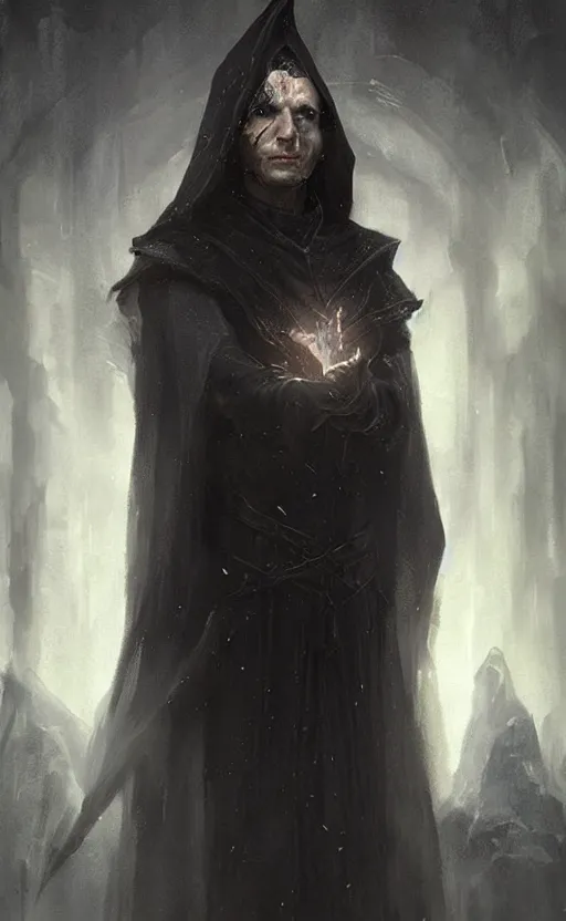 Image similar to Portrait of an elf in a black cloak, black hair, glowing eyes, male, detailed face, fantasy, highly detailed, cinematic lighting, digital art painting by greg rutkowski