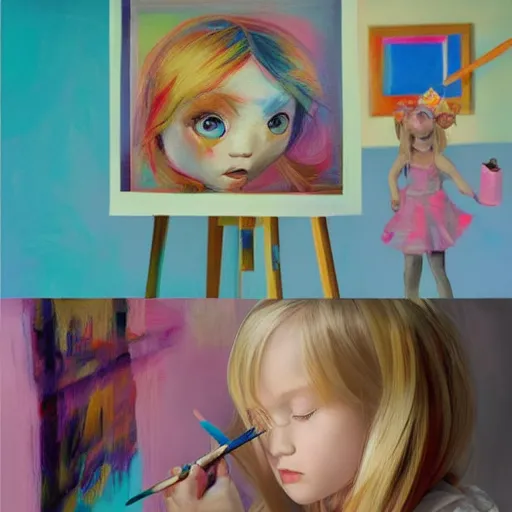 Prompt: a little girl with blonde hair paints in her room, trending on artstation