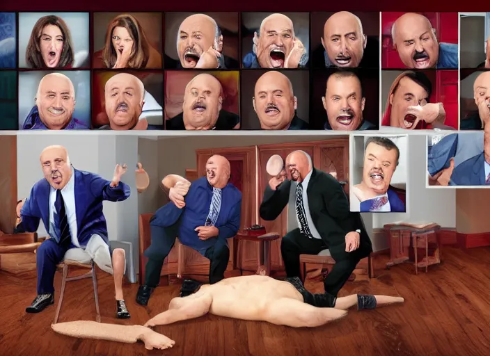 Prompt: portraits screenshots of dr phil yelling at dr oz, pile of nasty chili spilled on the floor, chunky sloppy men no shirts slipping in chili on the floor, wet chili wrestling, studio, extremely detailed, portraits, 4 k, hd